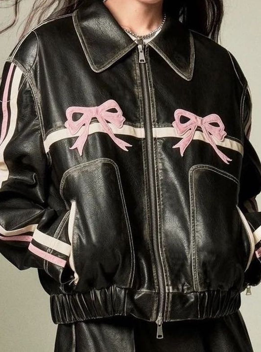 Stacey B's Faux leather bow biker jacket