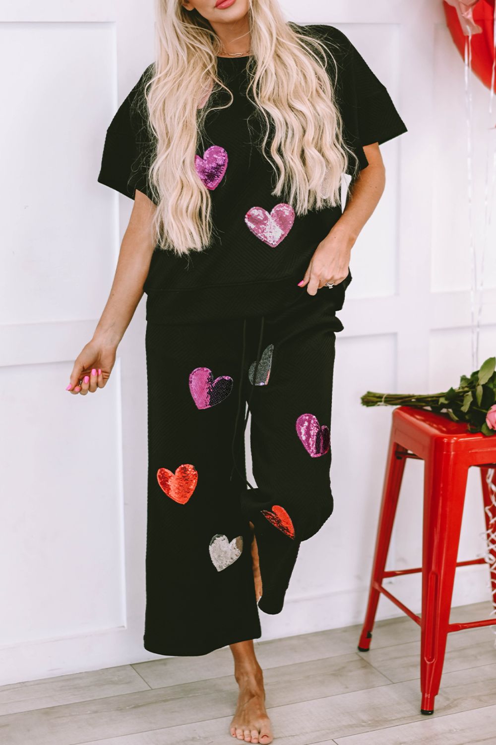 Stacey B's Heart Sequin Short Sleeve Top and Drawstring Pants Lounge Set