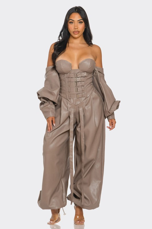 Stacey B's Strapless Faux Leather Corset Jumpsuit