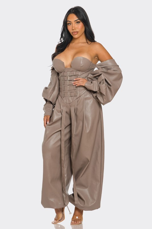 Stacey B's Strapless Faux Leather Corset Jumpsuit