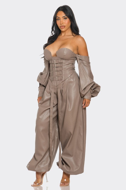 Stacey B's Strapless Faux Leather Corset Jumpsuit