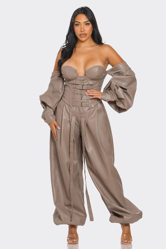 Stacey B's Strapless Faux Leather Corset Jumpsuit