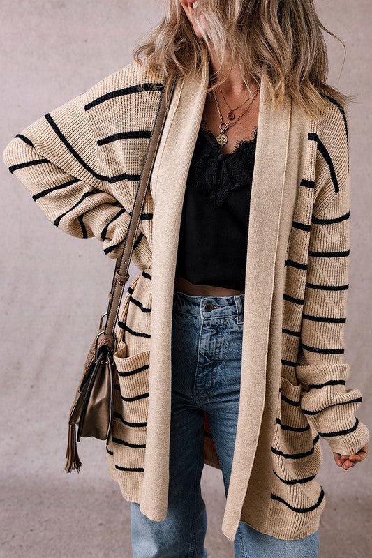 Stacey B's Stripe Side Pockets Open Front Cardigan