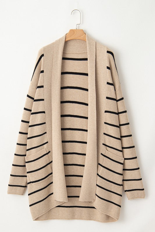 Stacey B's Stripe Side Pockets Open Front Cardigan