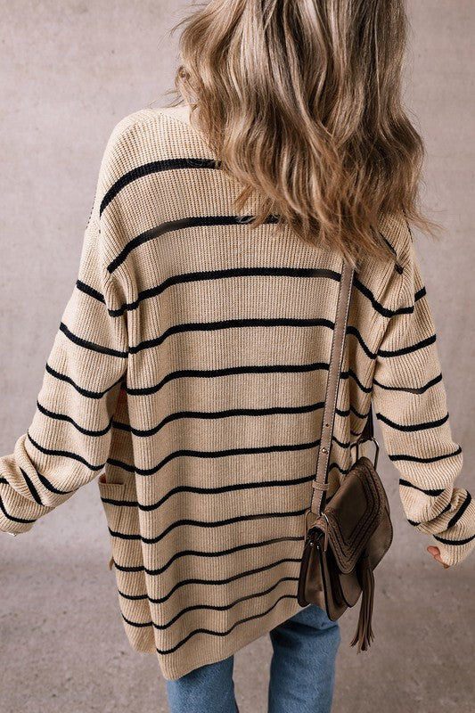 Stacey B's Stripe Side Pockets Open Front Cardigan