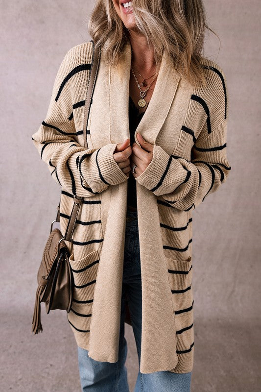 Stacey B's Stripe Side Pockets Open Front Cardigan