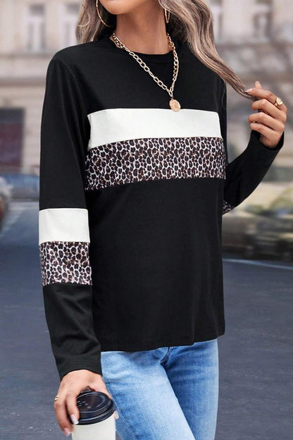 Stacey B's Leopard Colorblock Patchwork Crew Neck Top