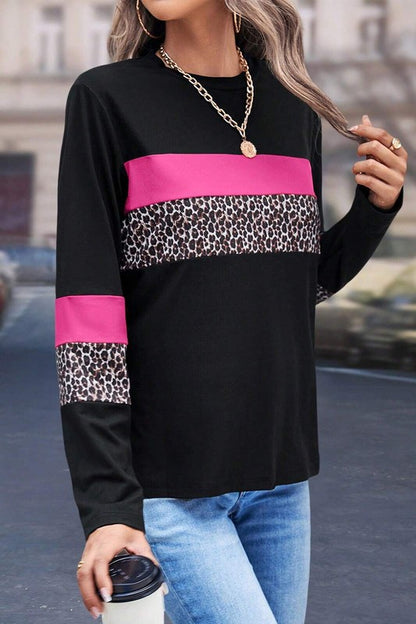 Stacey B's Leopard Colorblock Patchwork Crew Neck Top