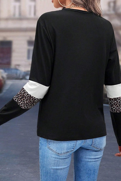 Stacey B's Leopard Colorblock Patchwork Crew Neck Top