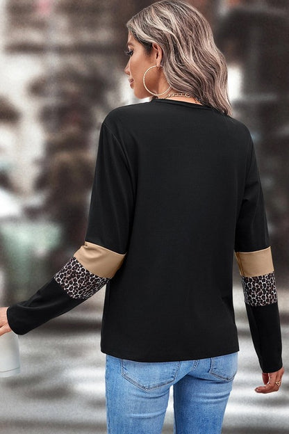 Stacey B's Leopard Colorblock Patchwork Crew Neck Top