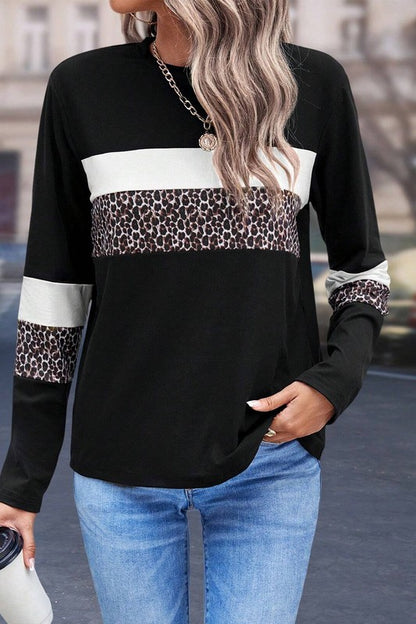 Stacey B's Leopard Colorblock Patchwork Crew Neck Top