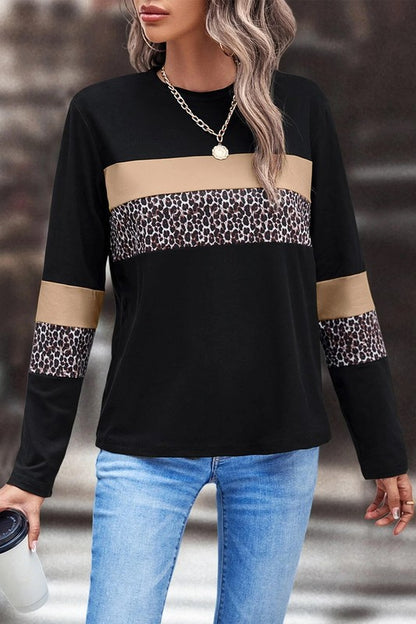 Stacey B's Leopard Colorblock Patchwork Crew Neck Top