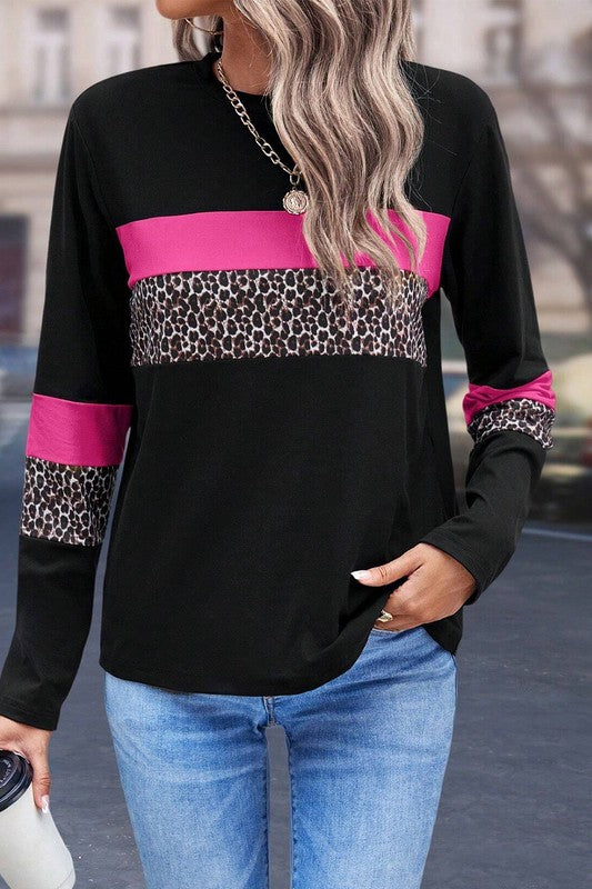 Stacey B's Leopard Colorblock Patchwork Crew Neck Top