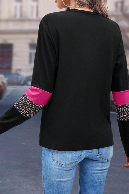 Stacey B's Leopard Colorblock Patchwork Crew Neck Top