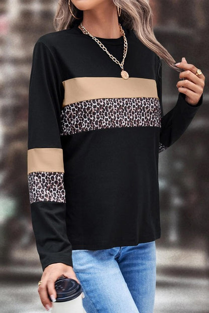 Stacey B's Leopard Colorblock Patchwork Crew Neck Top