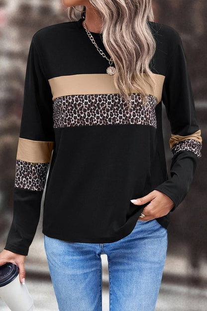 Stacey B's Leopard Colorblock Patchwork Crew Neck Top