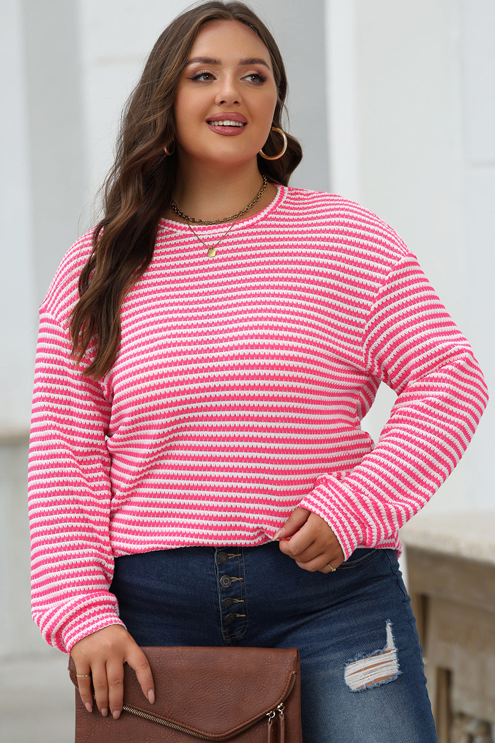 Stacey  B's Rose Stripe Round Neck Drop Shoulder Long Sleeve Top