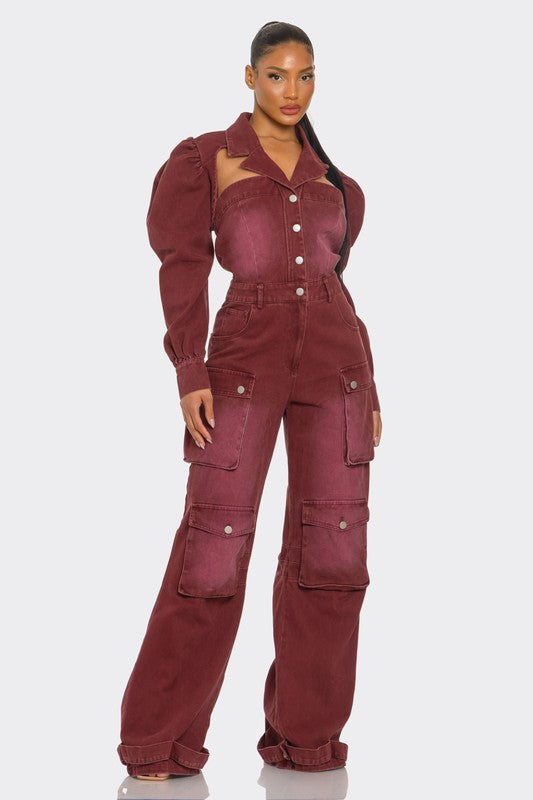 Stacey B's Vintage Inspired Utility Burgundy Jumpsuit