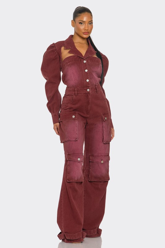 Stacey B's Vintage Inspired Utility Burgundy Jumpsuit