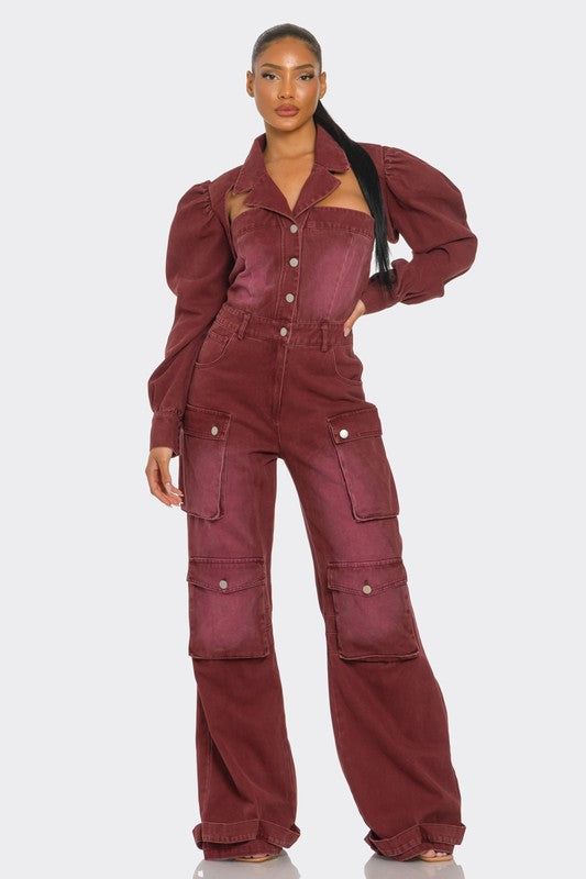 Stacey B's Vintage Inspired Utility Burgundy Jumpsuit