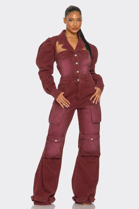 Stacey B's Vintage Inspired Utility Burgundy Jumpsuit