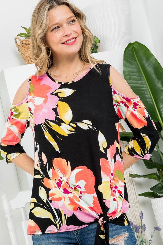 Stacey B's Plus Floral Print Cold Shoulder Top