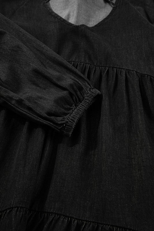 Stacey B's Puff Sleeve Tiered Ruffled Chambray Mini Dress