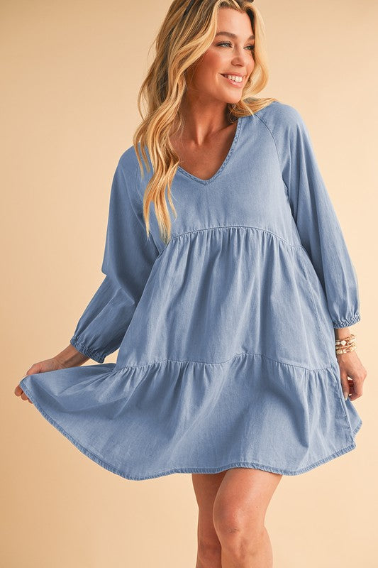 Stacey B's Puff Sleeve Tiered Ruffled Chambray Mini Dress