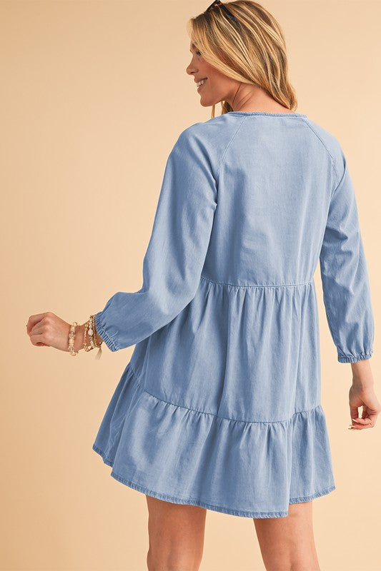Stacey B's Puff Sleeve Tiered Ruffled Chambray Mini Dress