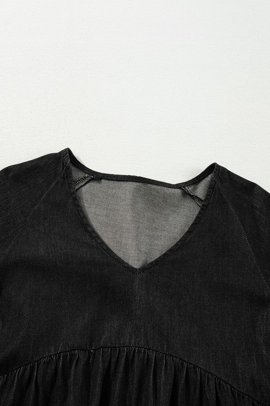 Stacey B's Puff Sleeve Tiered Ruffled Chambray Mini Dress