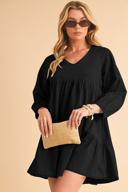 Stacey B's Puff Sleeve Tiered Ruffled Chambray Mini Dress