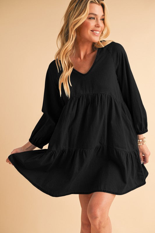 Stacey B's Puff Sleeve Tiered Ruffled Chambray Mini Dress