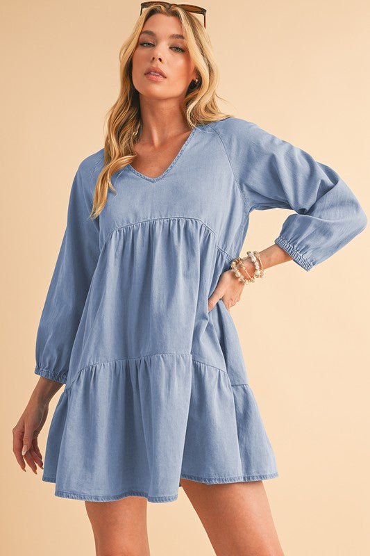 Stacey B's Puff Sleeve Tiered Ruffled Chambray Mini Dress