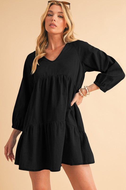 Stacey B's Puff Sleeve Tiered Ruffled Chambray Mini Dress