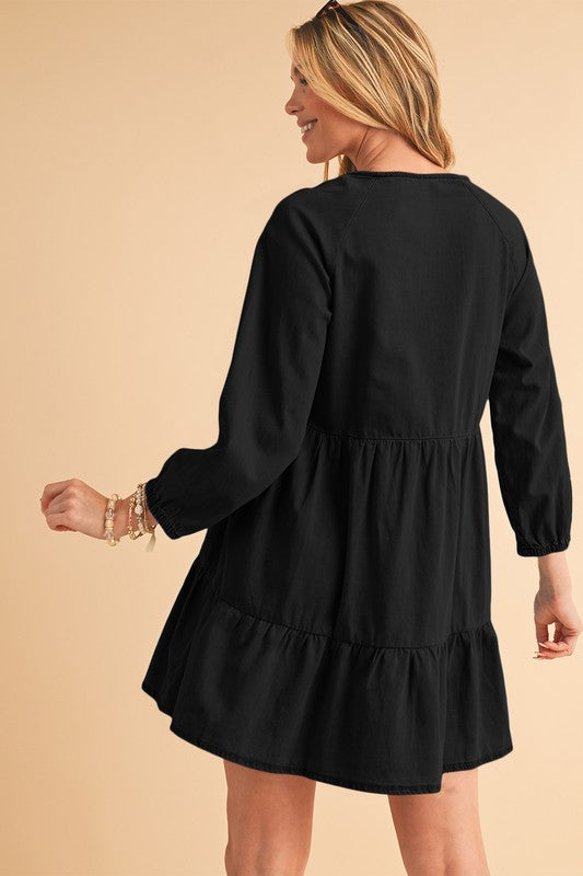 Stacey B's Puff Sleeve Tiered Ruffled Chambray Mini Dress