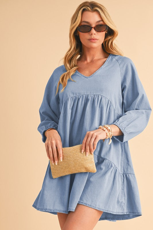 Stacey B's Puff Sleeve Tiered Ruffled Chambray Mini Dress
