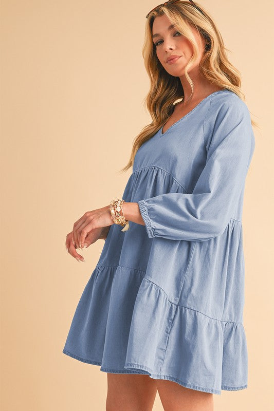 Stacey B's Puff Sleeve Tiered Ruffled Chambray Mini Dress