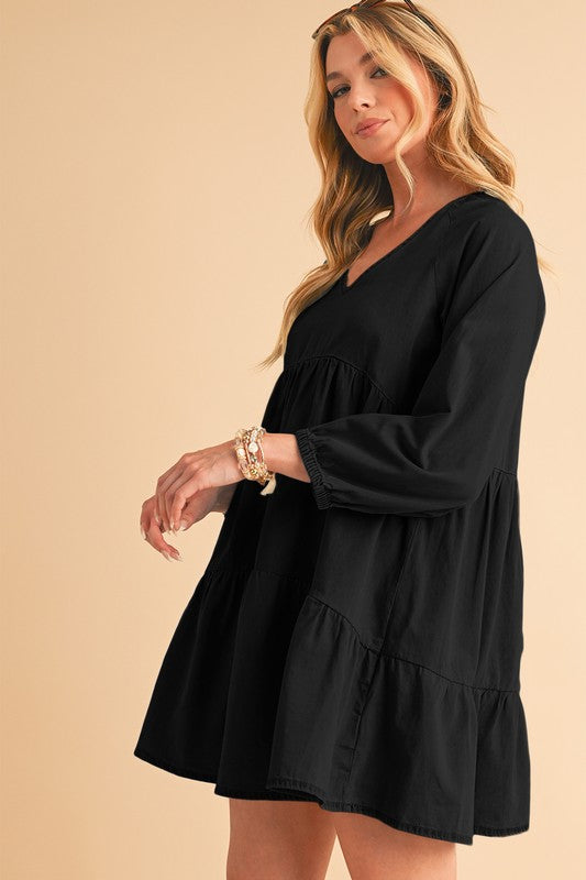 Stacey B's Puff Sleeve Tiered Ruffled Chambray Mini Dress