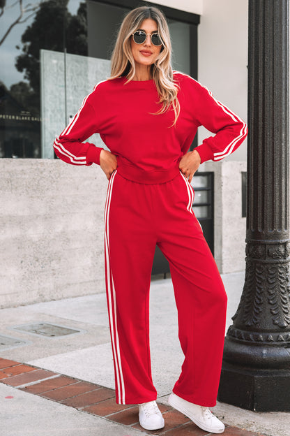 Stacey B's Fiery Red Varsity Striped Detail Crewneck Pullover Elastic Sweatpants 2pcs Outfit