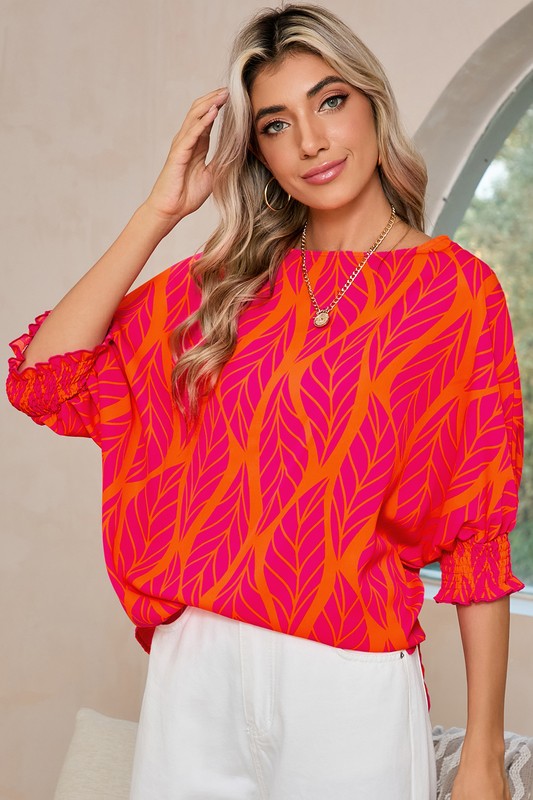 Stacey B's Tropical Leaf Print Smocked Cuffs Loose Blouse