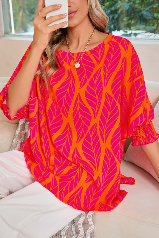 Stacey B's Tropical Leaf Print Smocked Cuffs Loose Blouse