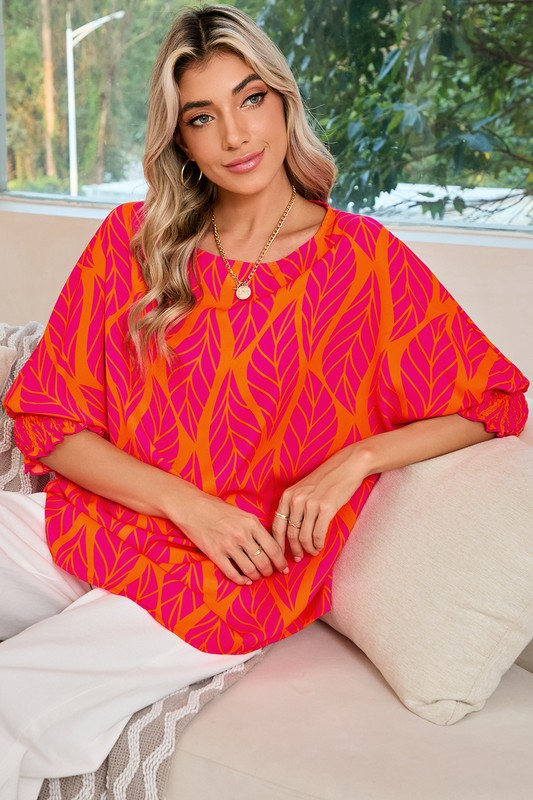 Stacey B's Tropical Leaf Print Smocked Cuffs Loose Blouse