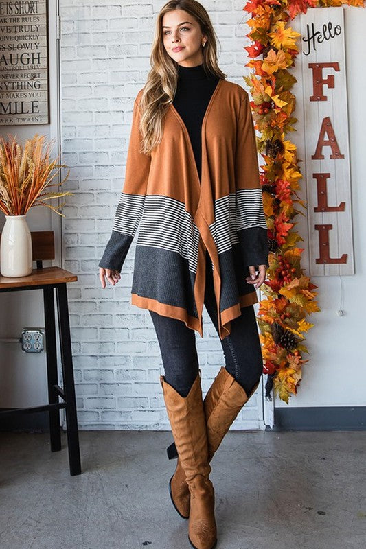 Stacey B's Orange Colorblock Striped Patchwork Open Cardigan