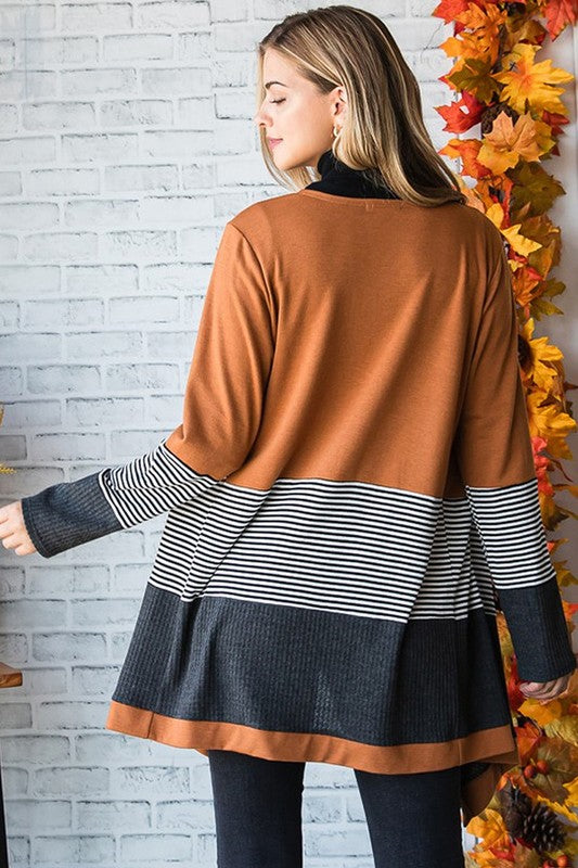 Stacey B's Orange Colorblock Striped Patchwork Open Cardigan