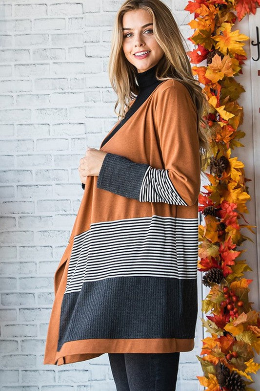 Stacey B's Orange Colorblock Striped Patchwork Open Cardigan