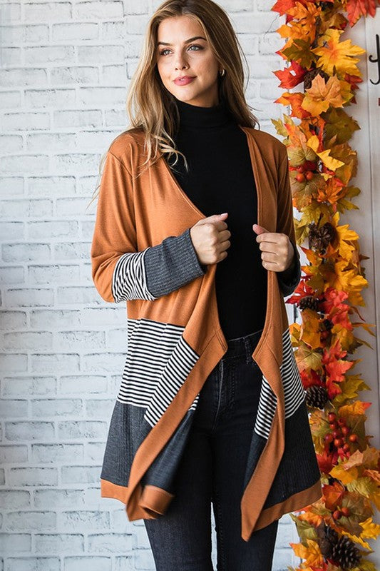 Stacey B's Orange Colorblock Striped Patchwork Open Cardigan