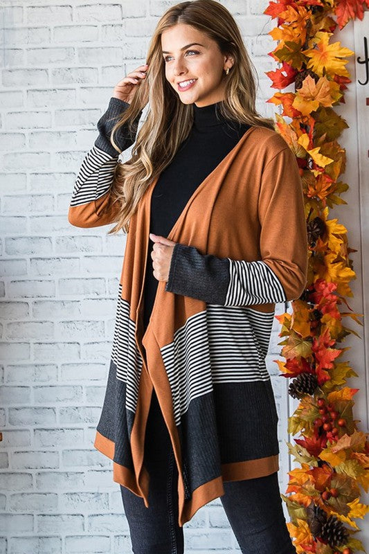 Stacey B's Orange Colorblock Striped Patchwork Open Cardigan