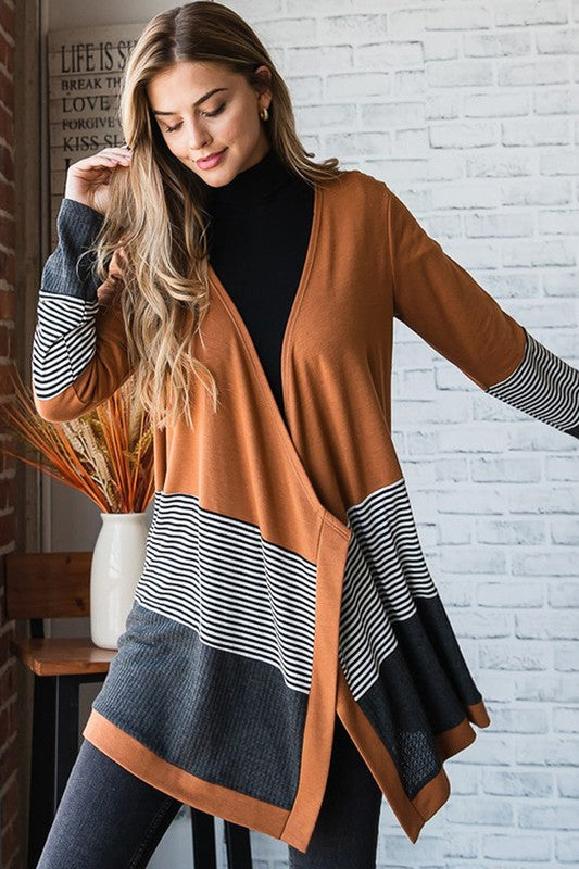 Stacey B's Orange Colorblock Striped Patchwork Open Cardigan