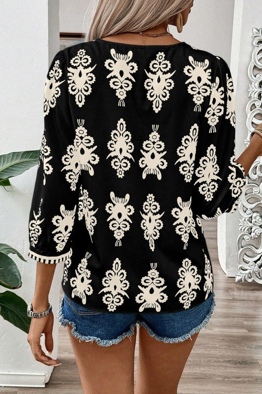 Stacey B's Women Geometric Printed 3/4 Sleeve V Neck Blouse