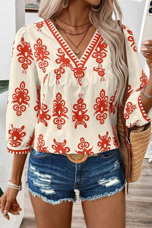 Stacey B's Women Geometric Printed 3/4 Sleeve V Neck Blouse